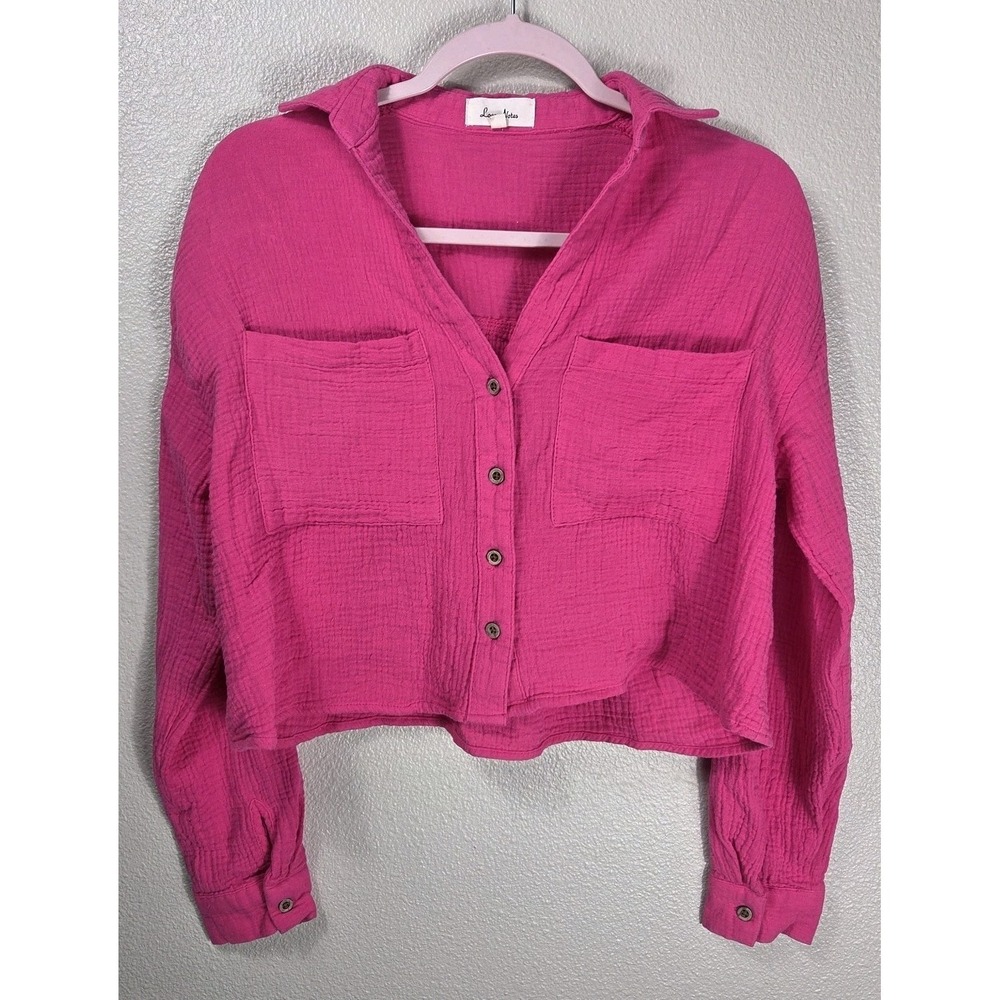 Love Notes Hot Pink Gauze Crop Shirt Women's Small‎ Cotton Button Front Boho
